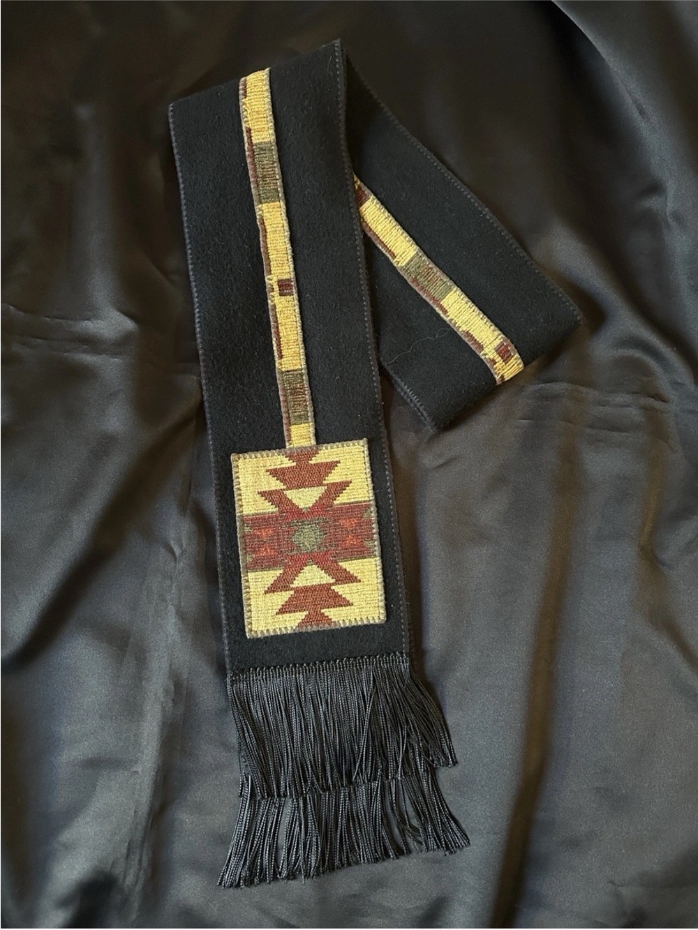 Coloratura Black Fleece Southwestern Fringe Scarf Wrap Boho Geometric 70x6